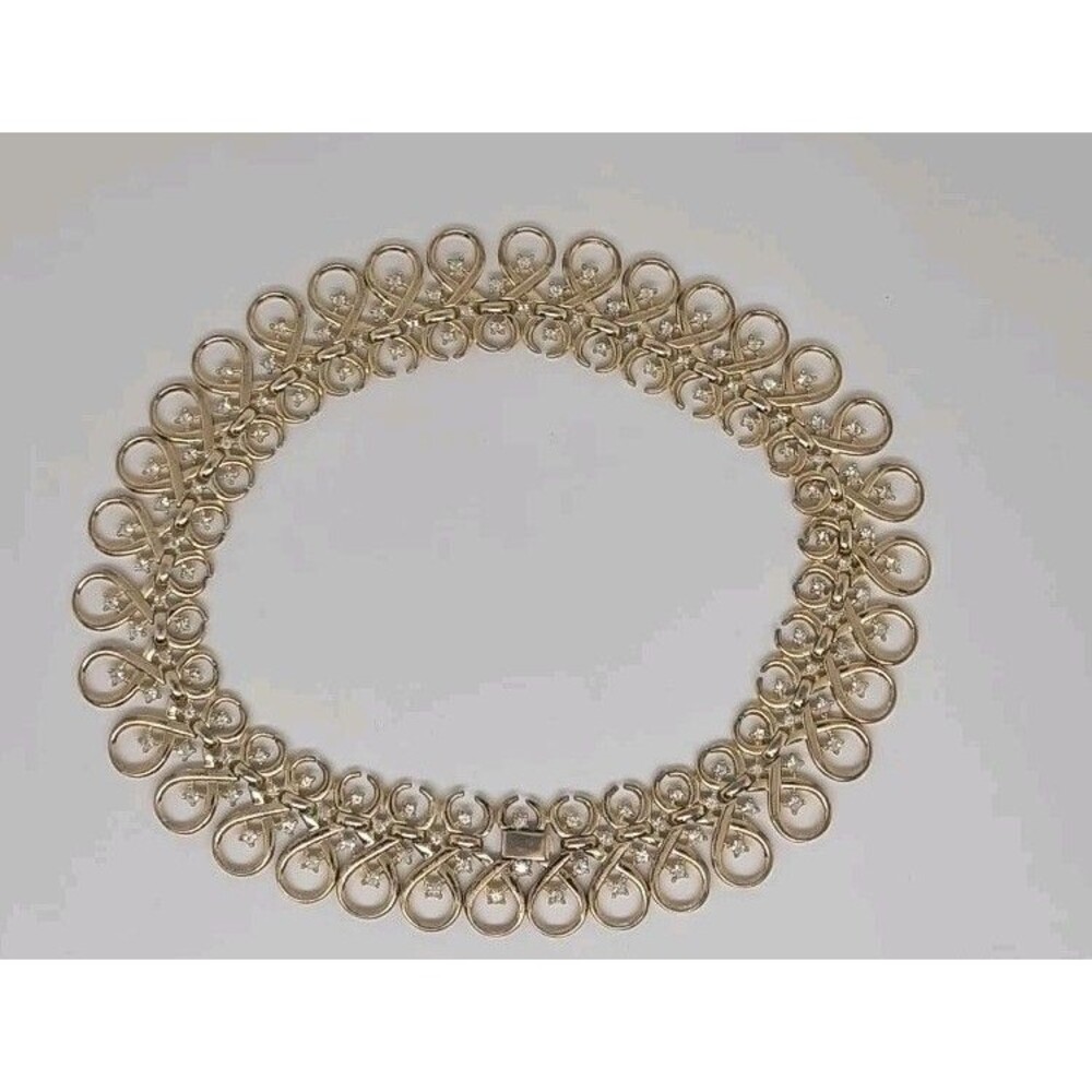 Vintage Crown Trifari Gold Tone Ribbon Crystal Wide Necklace  15.5 in